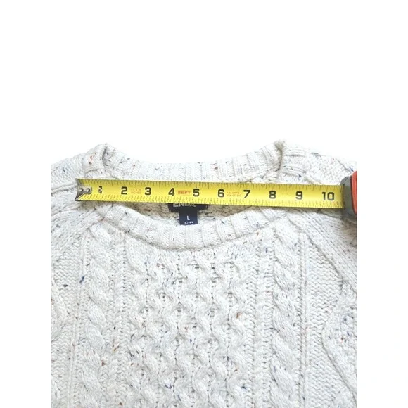 LANDS END Men's Cotton Blend Aran Cable Crew Neck Sweater Large Off White EUC Crewneck